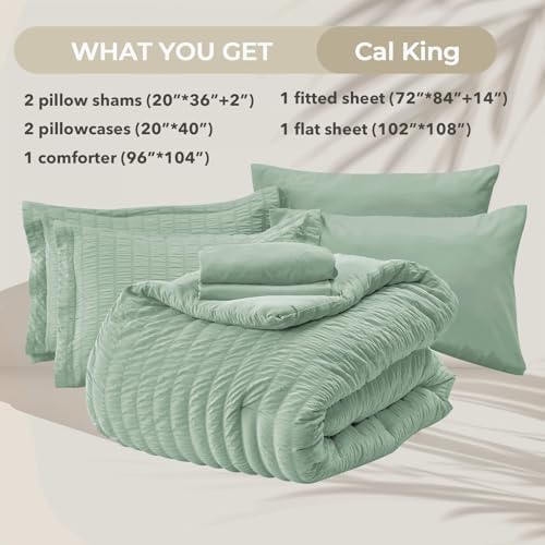 California King Comforter Set - 7PCS Seersucker Bed in a Bag, Sage