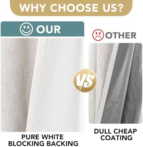 H.VERSAILTEX 100% Blackout Linen Curtains 108" L 2 Panels Ivory