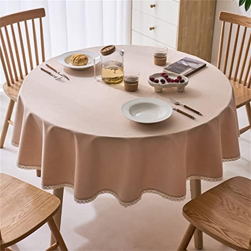 Dimatic Linen Textured Round Tablecloth with Lace Trim - Waterproof