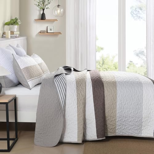 Dinjoy Queen Size Boho Stripe Quilt Set, Grey Brown Lightweight