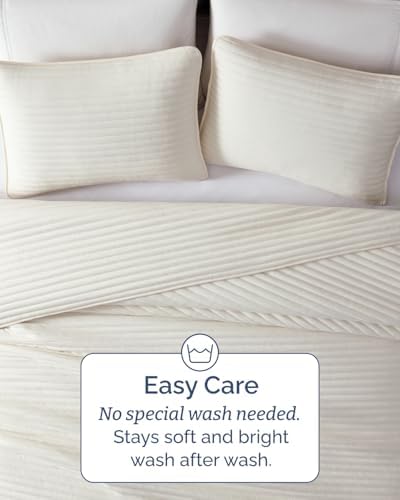 Quilt Set King Size - Boho Bed Set, Striped Stitch - Cream, 106" x 96"
