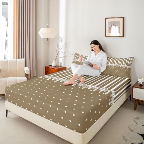 Erosebridal Taupe Heart Striped Fitted Sheet Queen for Girls Boys Kids