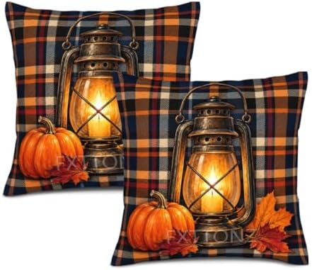 Leaves Plaid Pillow Covers 22x22 Inch Set of 2 Linen for Halloween