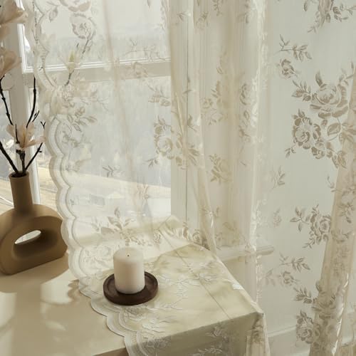Khaki Lace Curtains 84 Inches Long 2 Panels Vintage Floral Sheer