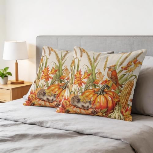 Thanksgiving Pumpkin Wheat Hedgehog Silk Satin Pillowcases Pack of 2