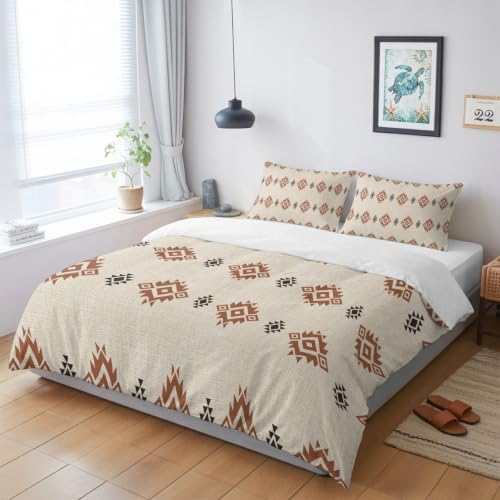 Beige Boho Duvet Cover Queen Size, Western Ethnic Tribe Linen Texture