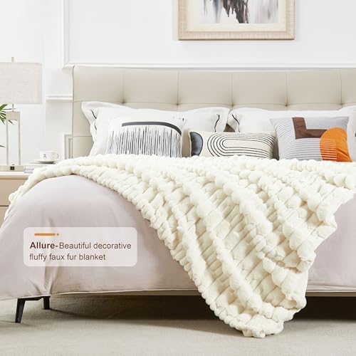 JONIYEAR Soft Fluffy Striped Faux Rabbit Fur Throw Blanket for Couch
