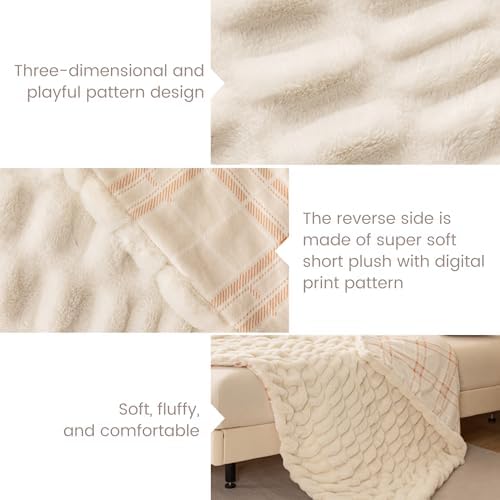 Sophia & William, Ruched Wavy Faux Fur Throw Blanket, 60 x 80, Cream