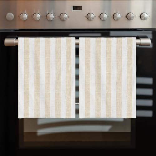 Beige Striped Kitchen Towels Set of 3, Ultra Absorbent Dish Towels