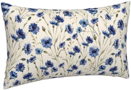 Blue Floral Throw Pillow Covers 12x20 Inch Set of 2, Vintage Flower