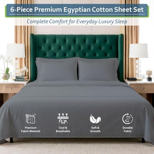 King 6 Piece Egyptian Cotton Sheet Set, 16 In Deep Pocket, Dark Grey