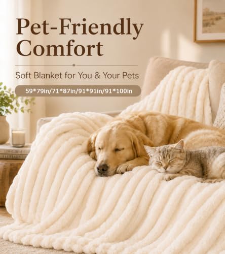 Cream Ribbed Soft Cozy Fleece Blanket for Bed, King, 91"x100"