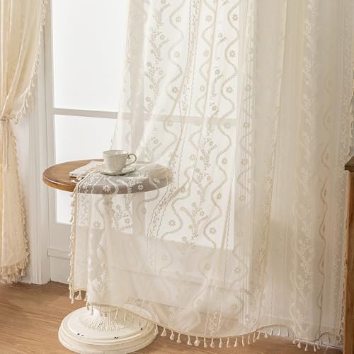 WAZZIO Boho Lace Curtains 2 Panels 108 Inches -Cute Vintage Victorian