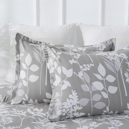 Vaulia Microfiber Duvet Cover Set Queen, Grey Botanical