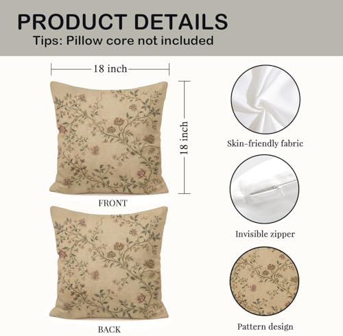 Neutral Vintage Floral Pillow Cover 18x18, Farmhouse Chinoiserie