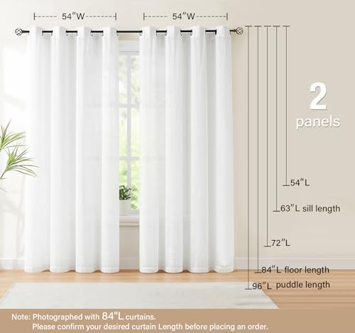 White Sheer Curtains for Living Room 84" Linen Textured Light
