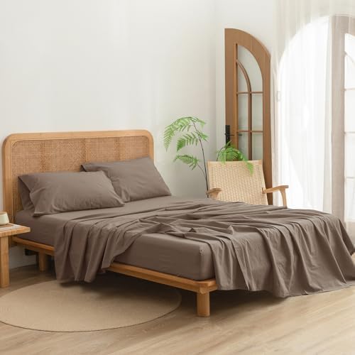 BESTOUCH 100% Washed Cotton Linen Feel Sheet Set, Pine Bark Brown Full