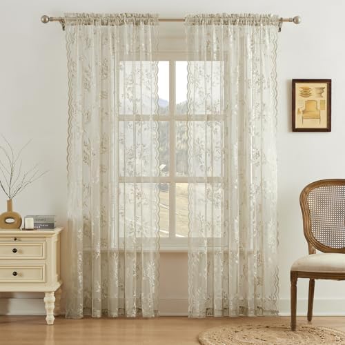 Khaki Lace Curtains 84 Inches Long 2 Panels Vintage Floral Sheer