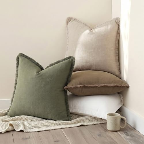 decorUhome Linen Fringe Olive Green Throw Pillow Covers 22x22 Set of 2