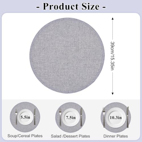 15" Round Placemats Set of 6, Faux Linen Cloth Place Mats, Grey