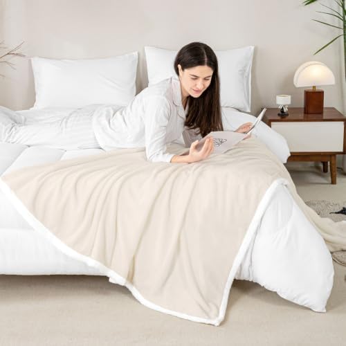 Feelyou Beige Throw Blanket Solid Color Soft Fleece Sherpa Cozy Fuzzy