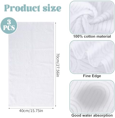 White Hand Towels Set of 3 Striped Pattern 100% Cotton Absorbent Soft