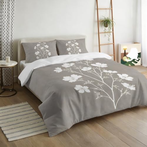 3 Pieces Bedding Set Queen Size, Gray Floral Blossom Soft Duvet Covers