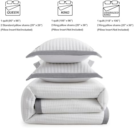 Bonlino White Quilt Set King Size - Farmhouse Soft Striped Stitch