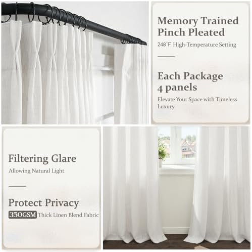 Off White Pinch Pleated Natural Linen Sheer Living Room Curtains