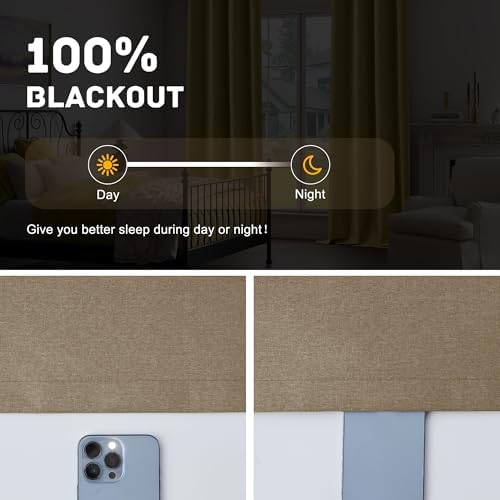 Brown 100% Blackout Linen Textured Curtains for Living Room, Bedroom