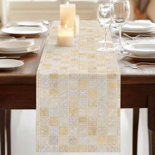 Beige Ivory Blocks Table Runner 72 inches Long Modern Abstract Art