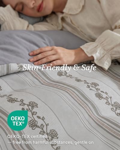 Bailix Floral Striped Duvet Cover Set Queen Size, 100% Washed Cotton