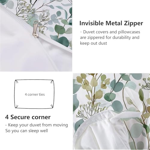Duvet Cover Set King, Watercolor Eucalyptus Leaves Brushed Microfiber