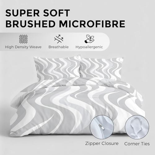 Abstract Geometry Duvet Cover Queen, White Grey Wave Line Bedding Set