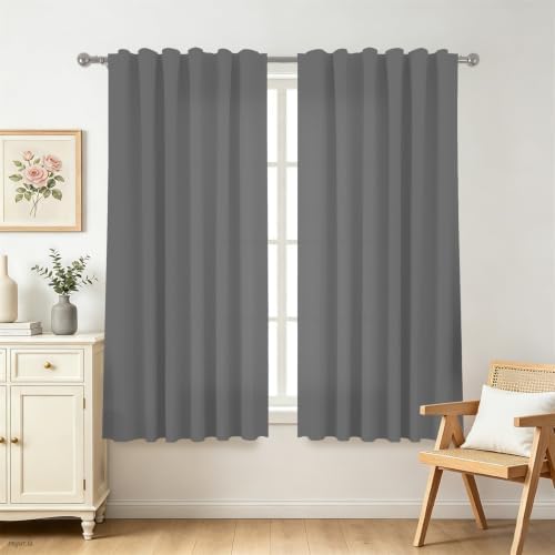 Renaiss 26 x 63 Inch Gray Blackout Curtains for Bedroom Linen Textured