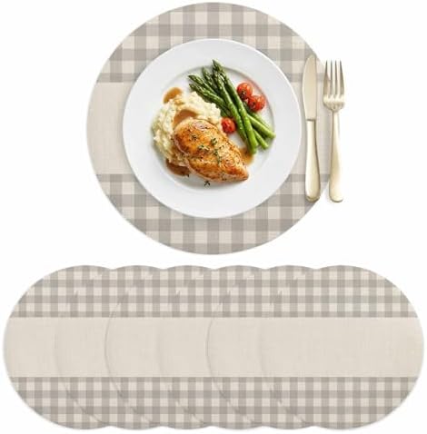 Round Placemat Set of 6 Gray Buffalo Check on Retro Linen Faux Leather