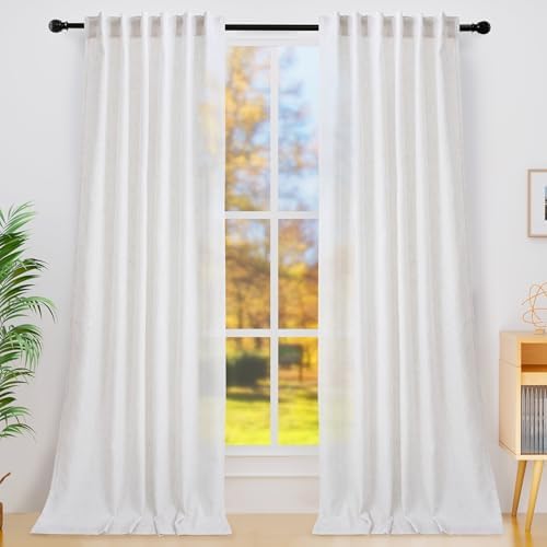 decorUhome Linen Semi Sheer Curtains 108 Inch Long, 2 Panels Light