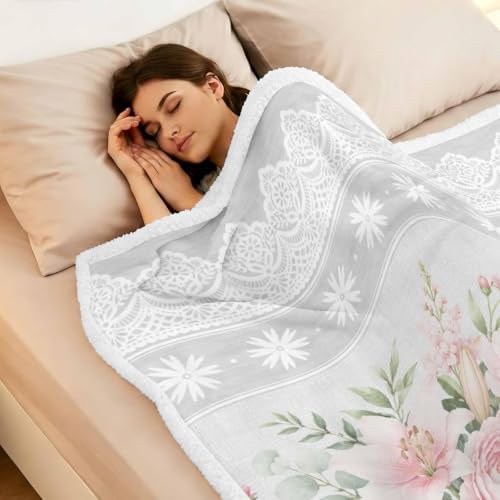 Fleece Sherpa Bed Blankets, Pink Flowers Microfiber Plush Flannel