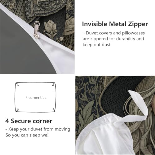 Charcoal Gray Retro Halloween Witch Duvet Cover Set For Women Girls