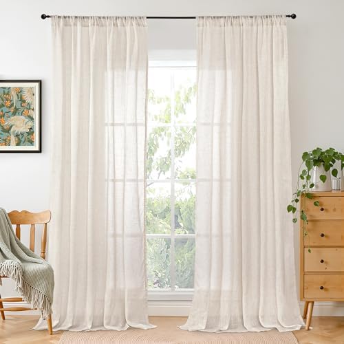 BGment Oatmeal Semi Sheer Line Curtains for Living Room 84 Inch Length