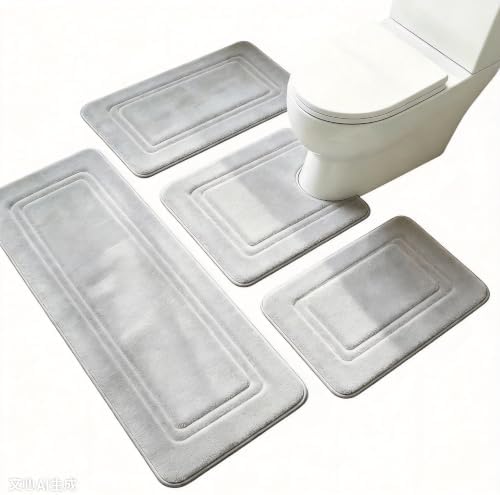 Memory Foam Bath Mat Set of 4, Quick Dry Absorbent Bathroom Rugs, Gray