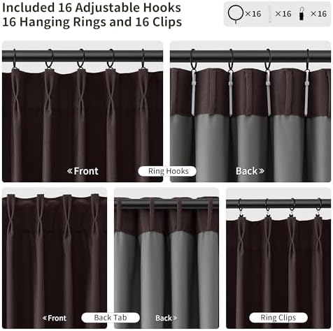 Joywell 100% Blackout Linen Pinch Pleated Curtains 96 in Long Coffee