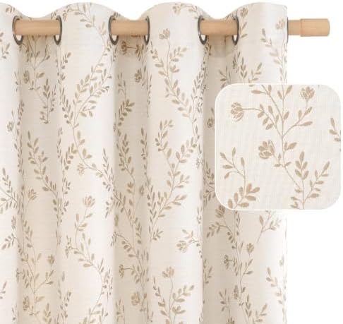LAMIT Beige Leaf Pattern Linen Curtains for Living Room 96 Inch Length