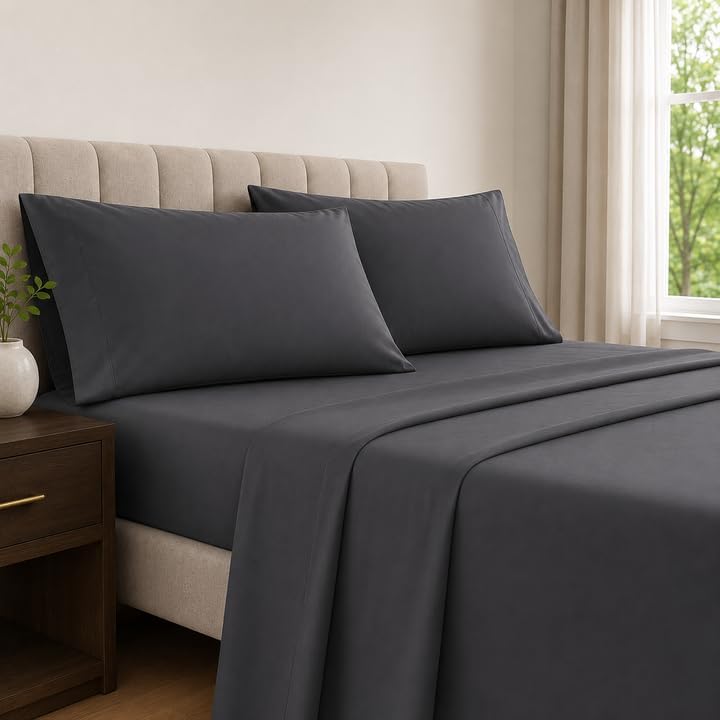 100% Cotton 4PC Sheet Set 16" Deep Pocket - Dark Grey, King