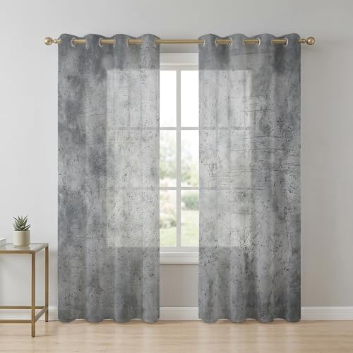 Concrete Texture Sheer Curtains 63 Inch Long 2 Panels, Industrial