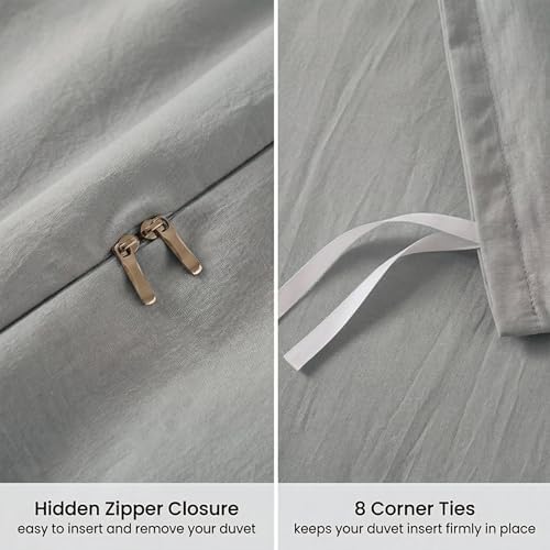 100% Cotton Beige Grey Queen Size Duvet Cover Set - 3 Pieces Pintuck