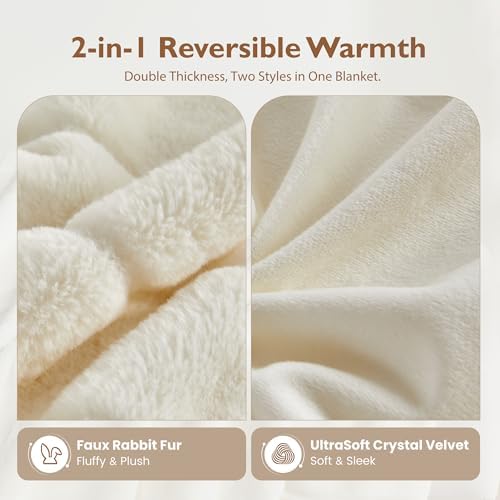ALPHA HOME, Faux Rabbit Fur Throw Blanket, Polyester Faux Fur, Cream