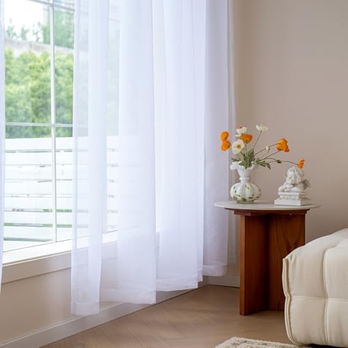 MYSTIC-HOME Sheer Curtains 84 Inches Long - 2 Panels White Sheer