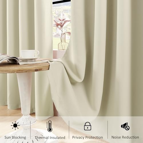 HUTO Beige Blackout Bedroom Curtains Panels 84 Inch - Energy Saving