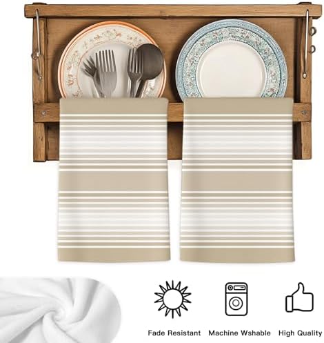 Beige Striped Kitchen Towels Set of 3, Absorbent Dish Towels for